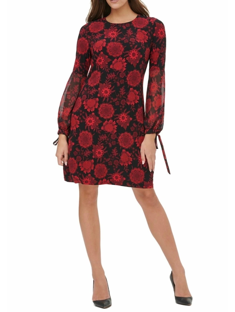 NWT Women’s Plus Sz 18 Tommy Hilfiger Dress Red Black Floral Chiffon Sleeves
